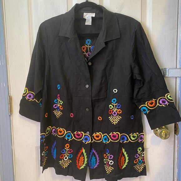 Linea by Louis Dell 'Olio Blouse Womens S Black Embroidered Floral Linen Rayon - Picture 6 of 10